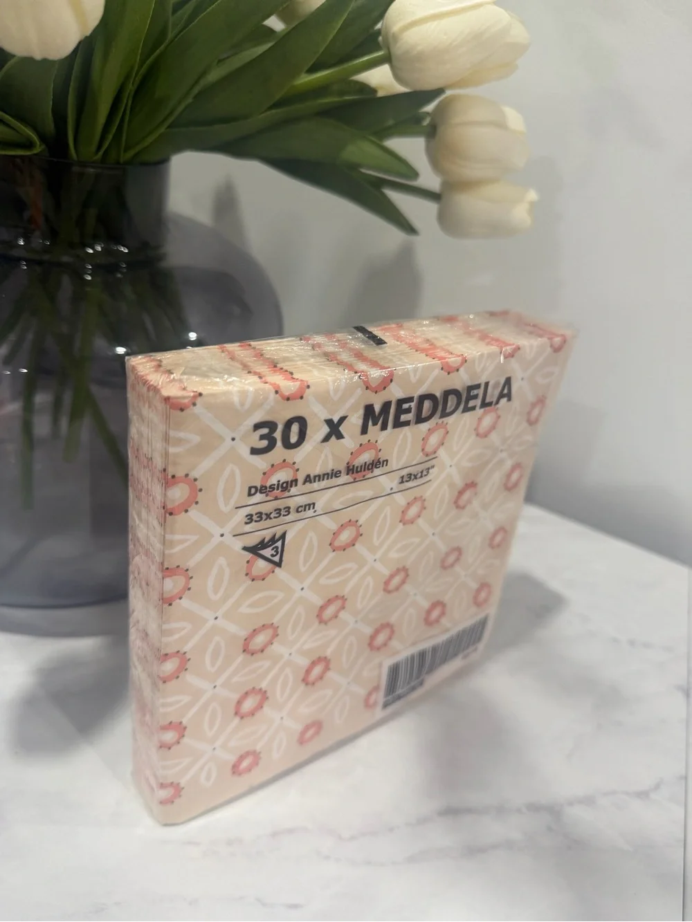 IKEA MEDDELA 30-Pack 13” Square Patterned Napkins in Cream Pink and Coral Pink